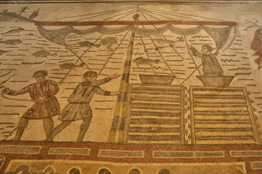 Hall of the Great Hunt, Floor Mosaic Hunting Scene, Villa Romana del Casale, Piazza Armerina, Sicily, Italy