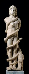 Mithraic cult: representation of the deity Mithra with Chronos, the coiling serpent, symbol of time. Marble sculpture from the 2nd century AD. Dimensions: 167 cm. Mérida, Museo Nacional de Arte Romano