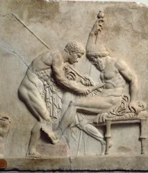 Neo-attic art: relief representing Telephus treated by a surgeon. 1st century BC, From Ercolano (Herculanum). Naples, Museo Archeologico Nazionale