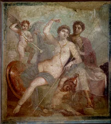 Representation of Ares and Aphrodite, accompanied by loves playing with the weapons of the god. Fresco from the Villa de Mars and Venus in Pompei. 1st century AD. Archaeological Museum of Naples