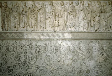 Roman Art: Imperial cortege of Emperor Augustus. Low north relief in marble of the Ara Pacis Augustae built by the Roman Emperor Augustus between 13 and 9 BC on the Champ de Mars in Rome to commemorate the peace following the wars