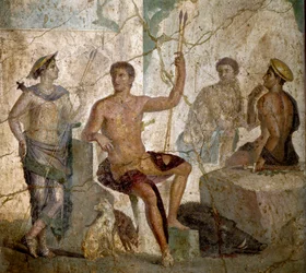 Meleager and Atalanta. Roman fresco of the 1st century AD from Pompeii. National Archaeological Museum, Naples