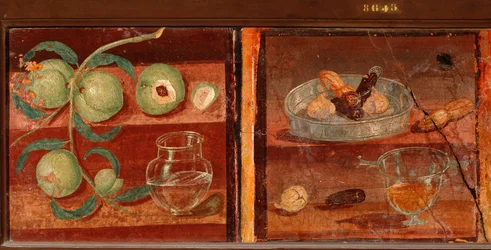 Roman Art: Still life of peaches and dried fruit. Roman fresco from Pompei. 1st century BC-1st century AD. Preserved at the National Archaeological Museum of Naples. Italy