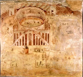Roman Art: “Violent struggle between the inhabitants of Nocera and the Pompeians in the amphitheatre of Pompeii in 59 AD” Detail of a fresco. 1st century AD. From the Pompeii site. Naples, National Archaeological Museum