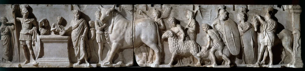Roman art: Altar of Domitius Ahenobarbus. 100 BC. Scene of sacrifice to the god Mars. Marble relief. Height 2.05 m. Paris, Louvre Museum