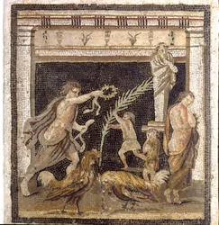 Roman art: cockfighting in a palaestra in the presence of the personifications of Defeat and Victory. Mosaic from the Villa of the Labyrinth in Pompeii. 2nd style. Dimensions: 46x42 cm. National Archaeological Museum, Naples