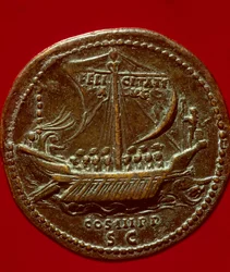Roman art: coin of Emperor Hadrian representing an imperial galley