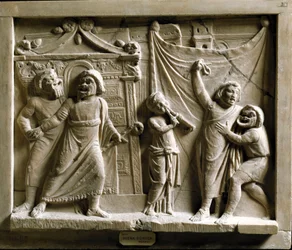 Roman art: comedy theatre scene from the play “Andria” by Terence (Publius Terentius Afer) (185-159 BC), relief from Pompeii - Museo Archeologico Nazionale, Naples