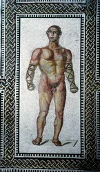 Roman art: gladiator. Floor mosaic from the Baths of Caracalla. 212 AD. Rome, Museo Nazionale Romano (or delle Terme).