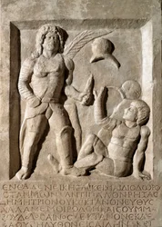 Low relief representing a battle of gladiators. 2nd century AD. Rome, Museo della Civilta Romana
