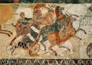 Roman Art: Mosaic Depicting a Man on a Chariot Pulled by Four Horses (Quadriga) During a Race in a Circus, c. 4th Century