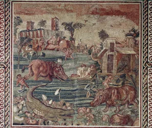 Roman art: Nile landscape mosaic from a villa on the Aventine Hill, Rome, 1st-2nd century. Rome, Museo Nazionale Romano in Palazzo Massimo, Inv. 171