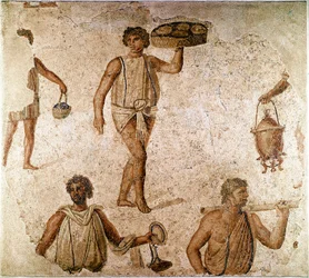 Roman art: servants at a banquet. Fragment of mosaic from Carthage, Tunisia. 180-190 AD. Paris, Louvre Museum