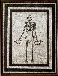 Skeleton bearing askos. Mosaic from the Vesuve region. 1st century BC