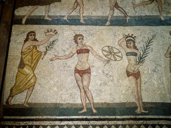 Roman art: young Romans engaged in physical exercises. Detail of mosaic