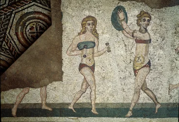 Roman art: young Romans engaged in physical exercises. They wear a loincloth around the kidneys and a strophium (ancestor of the bra) on the chest. (detail) of mosaic 315-350 AD. Piazza Armerina, Villa Romana del Casale