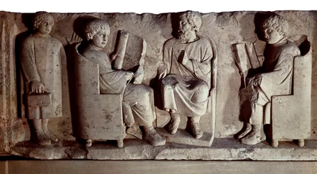 Roman civilization. Relief depicting school scene. Trier, Germany