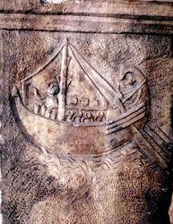 Roman transport ship. Low relief from the 2nd century AD. Roman National Museum