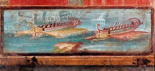 Roman war ships at the entrance of a port
