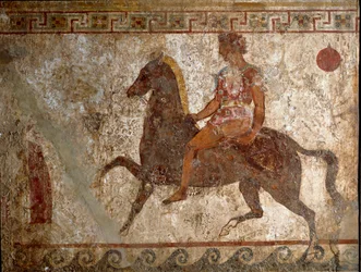Samnite rider. Tomb painting from the 4th century BC, from the site of Paestum, Italy. Museo nazionale archeologico, Napoli