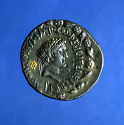 Silver and gold coin with the effigy of Anthony or Marc Antony, a Roman politician who reigned with Cleopatra.