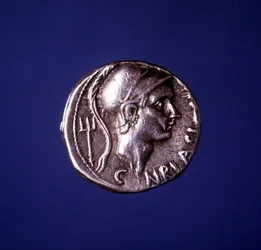 Silver coin with the effigy of Scipio the African (235 BC - 183 BC)