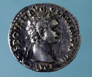Silver coin with the effigy of the Roman Emperor Domitian (51 - 96). Collection of the Medagliere of Milan.