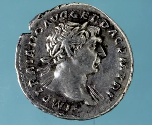 Silver coin with the effigy of the Romanesque emperor Trajan. Collection of the medagliere of Milan