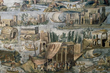 Temples along Nile river, detail from Nilotic mosaic of flooding of river Nile in Egypt, from Sanctuary of Fortuna Primigenia at Palestrina, Lazio, Italy, Roman civilization