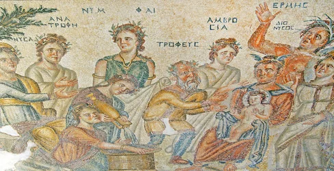 The Presentation of Baby Dionysus by Hermes to Silenus. House of Aion, Paphos, Cyprus