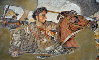 Alexander the Great (356 - 323 BC) on his horse Bucephalus - Detail of a mosaic from Pompeii: Battle of Issus between Alexander and Darius (4th century BC). - Opus vermiculatum - National Archaeological Museum, Naples, Italy