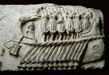 Cast of a Roman Bireme Warship Carrying Armed Soldiers
