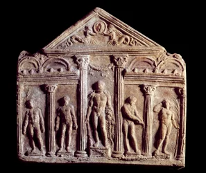 Decorative Terracotta Plaque Representing a Temple with Statues