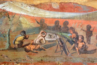 (detail) Depicting a Scene Set on Plaster Along the Nile with Pygmies, from Pompeii, UNESCO World Heritage List Site