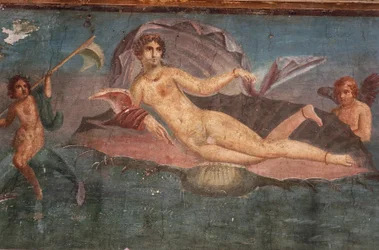 Detail of fresco in House of Venus in seashell, Pompeii, Campania, Roman Civilization