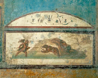 Fresco showing Hunting Scene, from House of Ancient Hunt, Pompeii, Campania, Roman Civilization
