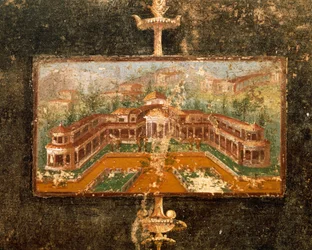 Landscape and Architecture in Wall Painting in Tablinum, 3rd Pompeian Style, House of Marco Lucrezio Fronto, from Pompeii, Campania, Italy