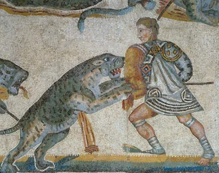 Mosaic showing a scene of a wild beast hunt (detail)