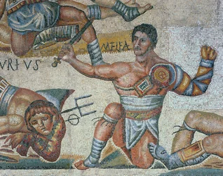 Mosaic showing a scene of fighting gladiators, detail of a triumphant gladiator