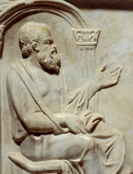 Roman Antiquities, Sarcophagus of the Muses: Socrates (469-399 BC) Greek philosopher with his muse. Detail. Paris, Louvre Museum