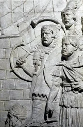 Roman Art: Roman warriors during the first war in Dacia. Mould of 1862 reproducing the bas-reliefs of the column of Trajan (Colonna Traiana) in Rome built during the reign of Emperor Trajan (53-117)