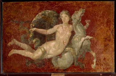 Roman art: a woman riding a sea horse. Fresco from Stabiae. Naples, National Archaeological Museum