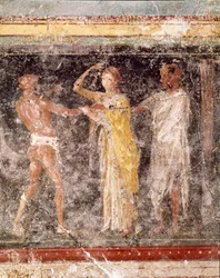 Roman art: fight scene between a man and a woman from the frieze of room C, Villa Farnesina, Rome, Museo Nazionale Romano