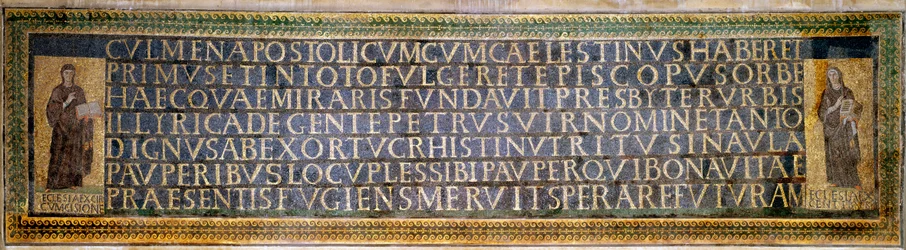 Roman art: mosaic carrying the dedication to Saint Sabine, Christian martyr of the 2nd century. It bears the names of Peter of Illyria, founder of the Basilica, and Pope Celestin I (422-432)
