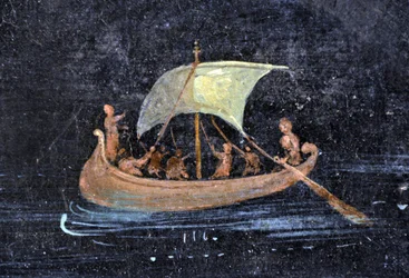 Roman art: river scene - boat and sailors on a river - fragment of a Pompeian fresco preserved at the National Archaeological Museum in Naples, Italy - Photo Patrice Cartier