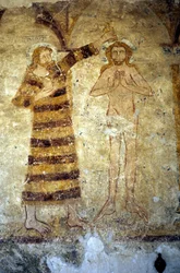 12th century murals at the Romanesque parish church of Asnieres sur Vegre depicting Christ baptized by Saint John the Baptist