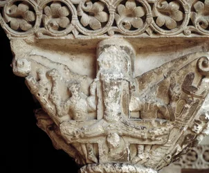 Capital representing St Peter on his cross (sculpture)