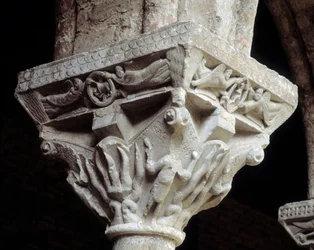 Capital representing the three Jews in the fiery furnace (sculpture)