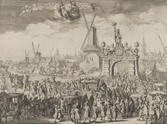 Entrance of William III into The Hague Inhaling van S.K. Maj. aende Westeynder brug door ..., 1691