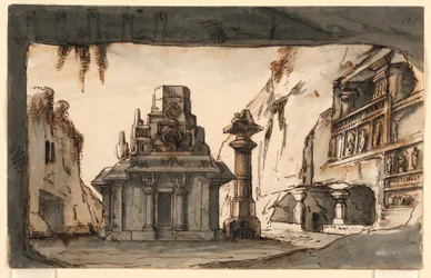 Stage Design, Oriental Buildings Amidst Caves and Rocks
